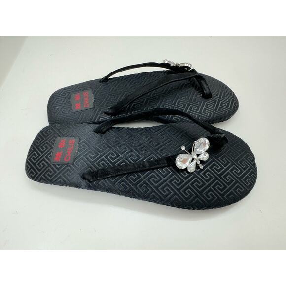 Chilis Womens Flip Flops Size 6 Black Rhinestone Butterfly Suede Thong NEW - Picture 2 of 10